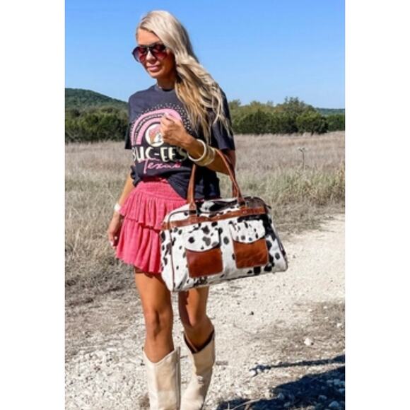 Weekender Duffle Leather Hair On Cowhide Duffel Travel Bag Tan and White - Picture 2 of 4